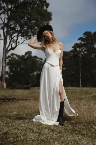 The Fern wedding dress skirt, Satin, soft a-line with split and long train, fluid fall, invisible zip closure