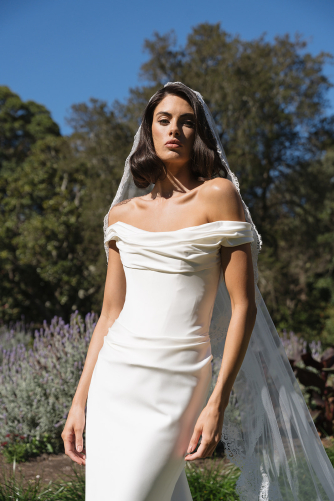 The Hendrix off-shoulder satin wedding gown